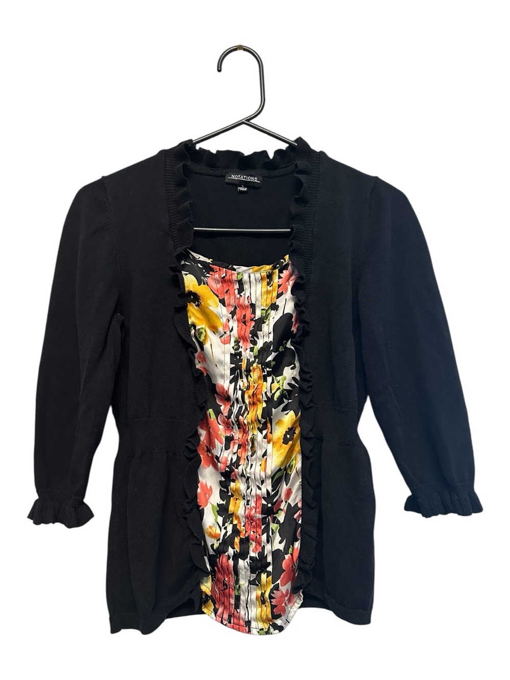Late Y2K Era Notations Black Sweater with Floral Front Panel Size Small